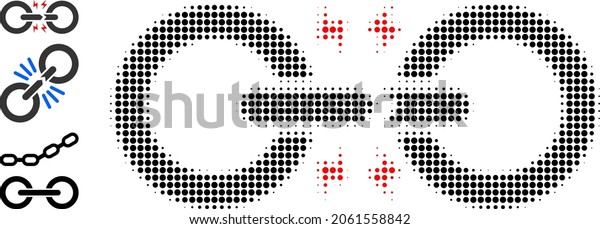 Dotted halftone broken chain link icon, and\
original icons. Vector halftone mosaic of broken chain link icon\
formed of round items.