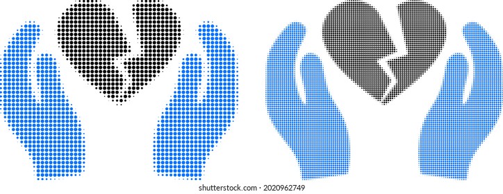 Dotted halftone broken heart care palms icon. Vector halftone composition of broken heart care palms icon combined of round elements.