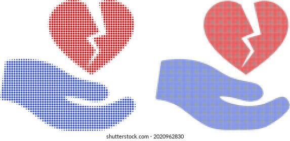 Dotted halftone broken heart offer hand icon. Vector halftone composition of broken heart offer hand icon made of round pixels.