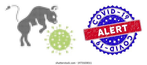 Dotted halftone bull attacks coronavirus icon, and Covid-19 Alert rough watermark. Covid-19 Alert watermark uses bicolor rosette form, red and blue colors.