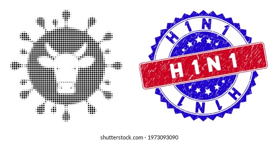 Dotted halftone cattle flu virus icon, and H1N1 grunge rubber seal. H1N1 stamp seal uses bicolor rosette shape, red and blue colors.