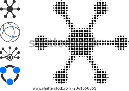 Dotted halftone central node icon, and source icons. Vector halftone collage of central node icon composed of round elements.