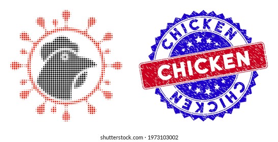 Dotted halftone chicken flu coronavirus icon, and Chicken scratched rubber seal. Chicken stamp seal uses bicolor rosette shape, red and blue colors.