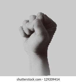 Dotted halftone clenched fist held high in protest. Design vector illustration