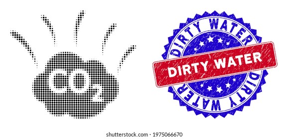 Dotted halftone CO2 emission cloud icon, and Dirty Water grunge stamp. Dirty Water imprint uses bicolor rosette template, red and blue colors.