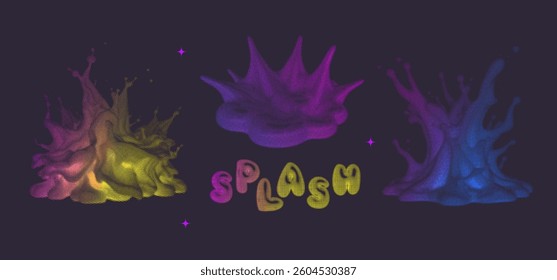 Dotted halftone collage 3d vibrant colorful liquid acrylic splash splatter stain on black background. Modern bright flowing spot. Rainbow trendy isolated retro dotted design. Vector illustration.