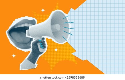 Dotted Halftone collage banner with a mouth screaming into a loudspeaker. Vintage megaphone in retro magazine style. Vector retro pop art.
