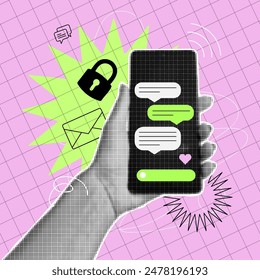 Dotted Halftone collage of hand holding smartphone with messages on the screen, web banner on bright neon background. Secure messenger concept. Grunge Vector illustration.