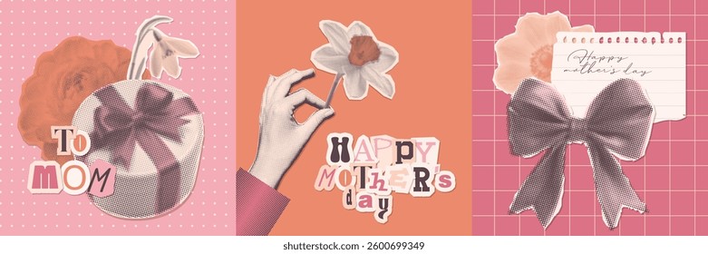 Dotted Halftone collage Mothers Day greeting cards set. Hand holding daffodil, gift box, flowers and bow. Trendy vintage magazine torn out paper mixed media style. Vector illustration