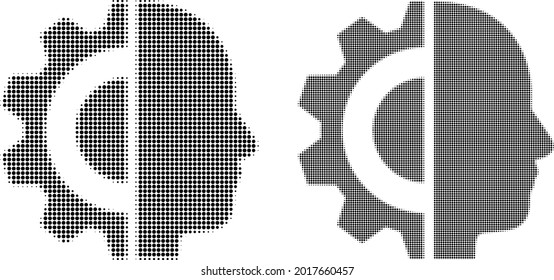 Zwergkopf-Symbol für die gepunktete halftone. Vektor-Halftone-Mosaik von Cyborg-Kopf-Symbol aus runden Elementen.
