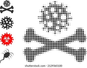 Icono del virus de la muerte a medio tono y otros iconos. Composición de semitono vectorial del icono del virus de la muerte organizado de píxeles redondos.