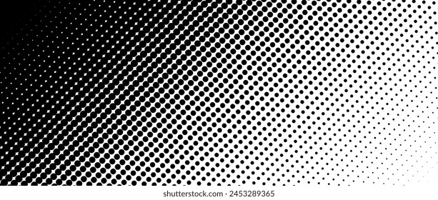 Dotted halftone diagonal texture. Fading polka dot gradient background. Repeating dots gradation pattern. Black vanishing comic pop art overlay backdrop. Raster effect wallpaper. Vector illustration