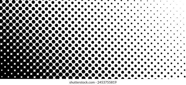 Textura diagonal de semitonos punteados. Fondo degradado de matiz de lunares descoloridos. Patrón de gradación de puntos repetidos. Fondo negro de la superposición del arte pop cómico. Fondo de pantalla de efecto rasterizado. Vector