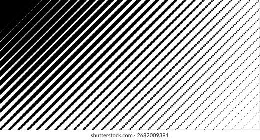 Dotted halftone diagonal texture. Fading polka dot gradient background. Repeating dots gradation pattern. Black vanishing comic pop art overlay backdrop. Raster effect wallpaper. Vector illustration