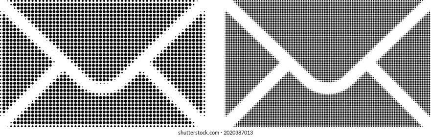 Dotted halftone envelope icon. Vector halftone composition of envelope icon combined of circle points.