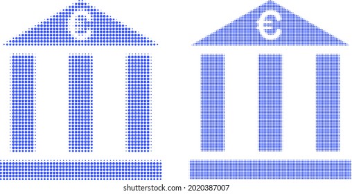 Dotted halftone euro bank building icon. Vector halftone composition of euro bank building icon created with round dots.