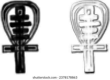 Dotted halftone execution of the Key of Life in Egyptian mythology (Egyptian Cross, Ankh). Two vector options.