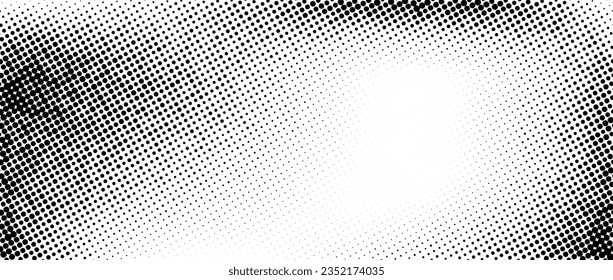 Dotted halftone faded wavy gradient texture. Grunge dirty speckles and spots background. Black and white sand grain wallpaper. Retro random pixelated comic. Vector gritty backdrop