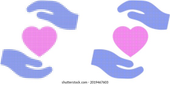 Dotted halftone favourite heart care hands icon. Vector halftone collage of favourite heart care hands icon combined of spheric items.