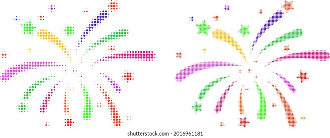 Dotted halftone fireworks icon. Vector halftone composition of fireworks pictogram combined of spheric elements.