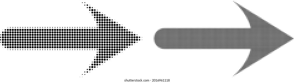 Halftone nach vorn gepunktete Pfeilsymbol. Vektor-Halbtonzusammensetzung eines nach vorn gerichteten Pfeilsymbol aus Kreispunkten.