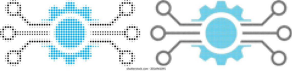 Dotted halftone gear circuit icon. Vector halftone concept of gear circuit icon formed of spheric pixels.