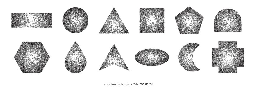 Dotted halftone geometric shapes set. Sand effect stipple dotwork collection. Dust grainy texture