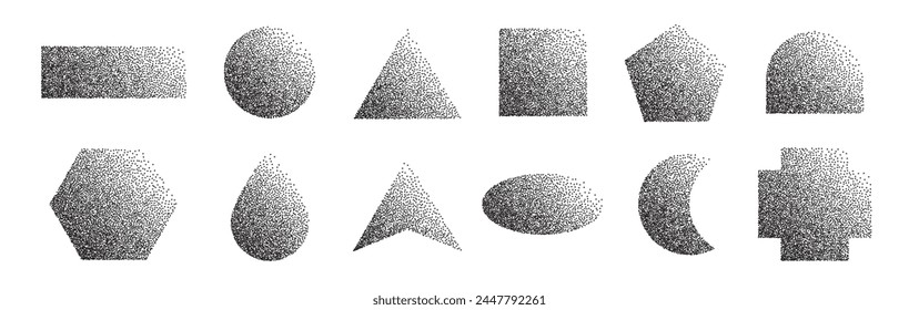 Dotted halftone geometric shapes set. Sand effect stipple dotwork collection. Dust grainy texture