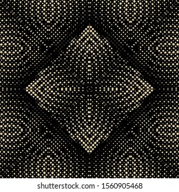 Dotted halftone gold 3d vector seamless pattern. Surface textured geometric background. Repeat ornamental grunge backdrop. Abstract floral ornament with dots, half tone. Symmetrical endless texture.