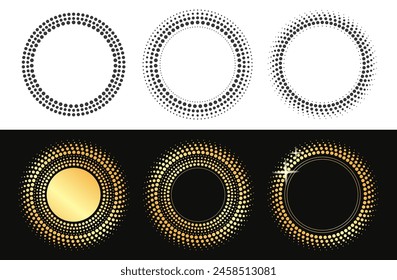 Círculo de oro de medio tono punteado y negro blanco redondo moderno puntitos marco de diseño gráfico conjunto de ilustración, elemento de patrón de decoración abstracto medio tono de fondo Imagen arte de Clip recortado 