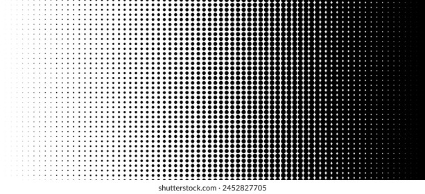 Dotted halftone gradient texture. Fading polka dot background. Repeating dots gradation pattern. Black vanishing comic pop art overlay backdrop. Halftone raster effect wallpaper. Vector illustration