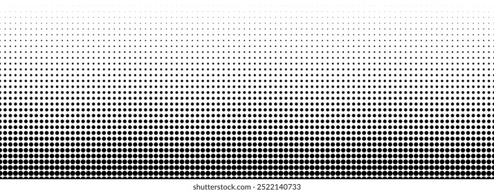 Textura de gradiente de meio-tom pontilhado. Fundo esmaecido do ponto da polca. Fundo do padrão de gradação de pontos repetido. Preto desaparecendo quadrinhos pop art sobreposição pano de fundo. Papel de parede de efeito de raster de meio-tom. Vetor