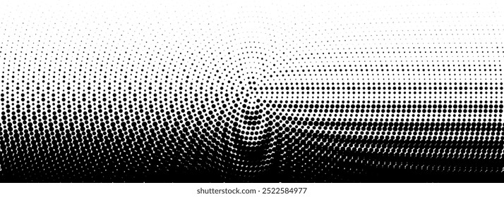 Dotted halftone gradient texture. Fading wave polka dot background. Dot curved circular pattern wallpaper. Black and white comic pop art overlay backdrop. Halftone raster moire effect. Vector