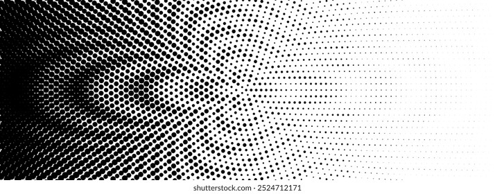 Dotted halftone gradient texture. Fading wavy polka dot background. Dot curved circular pattern wallpaper. Black and white comic pop art overlay backdrop. Halftone raster wave moire effect. Vector