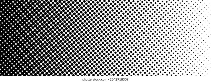 Textura de degradado semitono punteado. Fondo de lunares desvaneciéndose. Patrón de gradación de puntos repetidos. Fondo de superposición de arte pop cómico negro que desaparece. Fondo de pantalla de efecto ráster de semitono. Ilustración de Vector