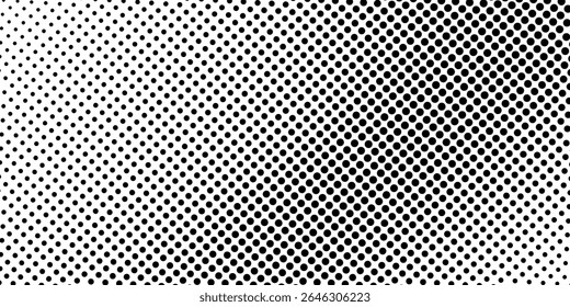 Textura de gradiente de meio-tom pontilhado. Fundo esmaecido do ponto da polca. Fundo do padrão de gradação de pontos repetido. Preto desaparecendo quadrinhos pop art sobreposição pano de fundo. Papel de parede de efeito de raster de meio-tom. Vetor 
