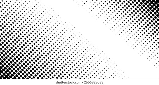 Textura de degradado semitono punteado. Fondo de lunares desvaneciéndose. Fondo de patrón de degradado de puntos de repetición. Fondo de superposición de cómic de arte pop negro desvanecido.