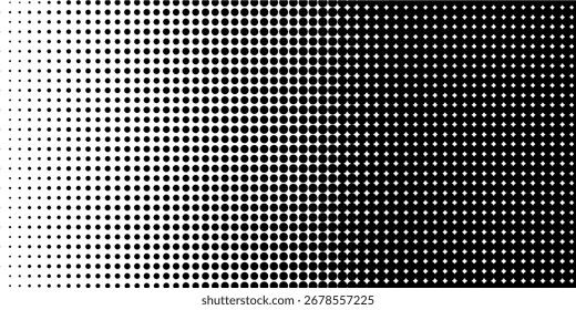Textura de degradado semitono punteado. Fondo de lunares desvaneciéndose. Patrón de gradación de puntos repetidos. Fondo de superposición de arte pop cómico negro que desaparece. Fondo de pantalla de efecto ráster de semitono. Ilustración de Vector
