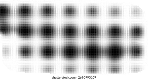 Textura de gradiente de meio-tom pontilhado. Fundo esmaecido do ponto da polca. Fundo do padrão de gradação de pontos repetido. Preto desaparecendo quadrinhos pop art sobreposição pano de fundo. Papel de parede de efeito de raster de meio-tom. Vetor 