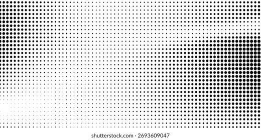 Textura de gradiente de meio-tom pontilhado. Fundo esmaecido do ponto da polca. Fundo do padrão de gradação de pontos repetido. Preto desaparecendo quadrinhos pop art sobreposição pano de fundo. Papel de parede de efeito de raster de meio-tom. Vetor 