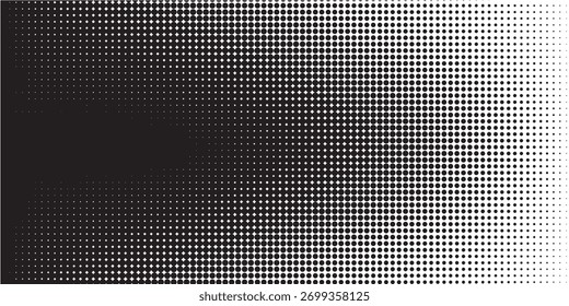 Textura de gradiente de meio-tom pontilhado. Fundo esmaecido do ponto da polca. Padrão de gradação de pontos repetido. Preto desaparecendo quadrinhos pop art sobreposição pano de fundo. Papel de parede de efeito de raster de meio-tom. Ilustração de Vetor