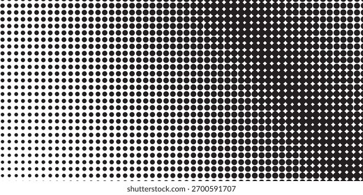 Textura de gradiente de meio-tom pontilhado. Fundo esmaecido do ponto da polca. Fundo do padrão de gradação de pontos repetido. Preto desaparecendo quadrinhos pop art sobreposição pano de fundo. Papel de parede de efeito de raster de meio-tom. Vetor 