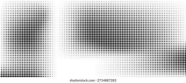 Textura de degradado semitono punteado. Fondo de lunares desvaneciéndose. Fondo de patrón de gradación de puntos repetidos. Fondo negro de superposición de arte pop cómico de desvanecimiento. eps 10