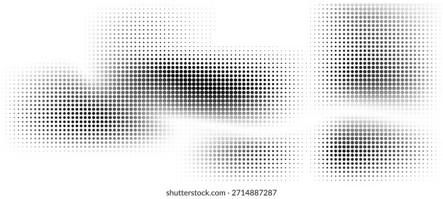 Textura de degradado semitono punteado. Fondo de lunares desvaneciéndose. Fondo de patrón de gradación de puntos repetidos. Fondo negro de superposición de arte pop cómico de desvanecimiento. eps 10