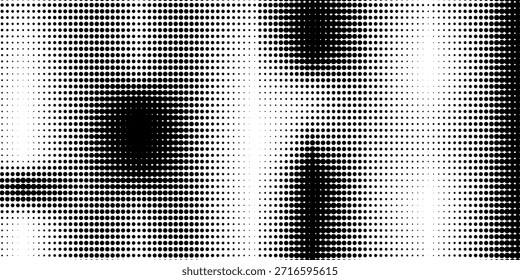 Textura de degradado semitono punteado. Fondo de lunares desvaneciéndose. Patrón de gradación de puntos repetidos. Fondo de arte pop cómico de desaparición en blanco y negro. Horizontal Fondo de pantalla de efecto ráster de semitono. Vector