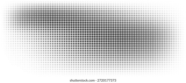 Textura de degradado semitono punteado. Fondo de lunares desvaneciéndose. Fondo de patrón de gradación de puntos repetidos. Fondo de superposición de arte pop cómico negro que desaparece.
