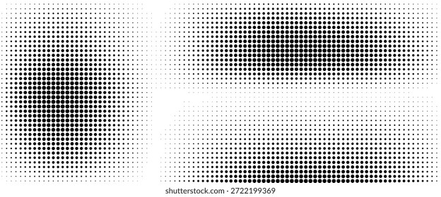 Textura de degradado semitono punteado. Fondo de lunares desvaneciéndose. Fondo de patrón de gradación de puntos repetidos. Fondo de superposición de arte pop cómico negro que desaparece.