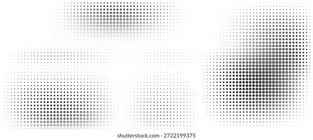 Textura de degradado semitono punteado. Fondo de lunares desvaneciéndose. Fondo de patrón de gradación de puntos repetidos. Fondo de superposición de arte pop cómico negro que desaparece.