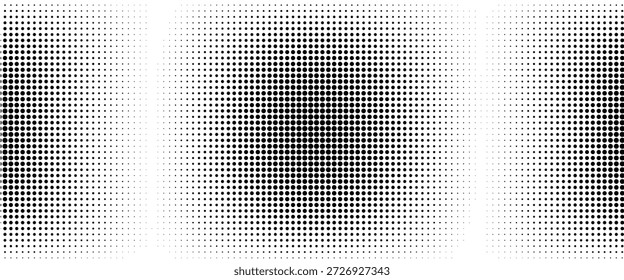 Textura de degradado semitono punteado. Fondo de lunares desvaneciéndose. Fondo de patrón de gradación de puntos repetidos. Fondo de superposición de arte pop cómico negro que desaparece.