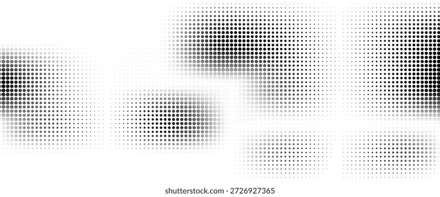 Textura de degradado semitono punteado. Fondo de lunares desvaneciéndose. Fondo de patrón de gradación de puntos repetidos. Fondo de superposición de arte pop cómico negro que desaparece.